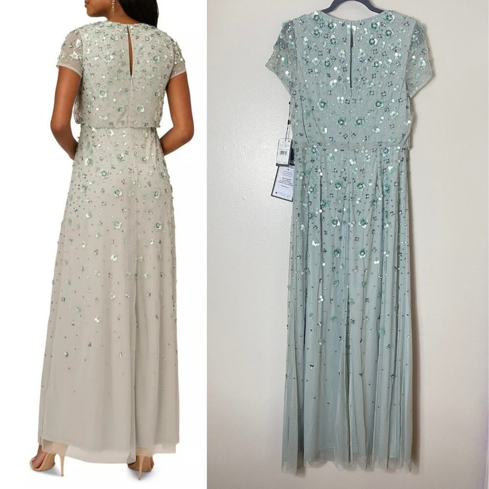 Adrianna Papell Dress 10 Green Sequin Beaded Wedding Guest Mother of the Bride - Picture 3 of 15